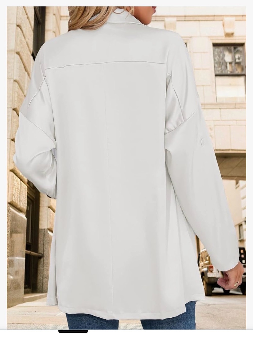 NWT Zegoo White Satin Blazer Jacket XL Open Front Roll Sleeve - Picture 3 of 6